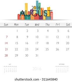 2016 calendar with Creative building design template, monthly calendar for August. Vector illustration.
