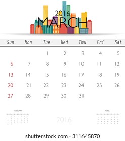 2016 calendar with Creative building design template, monthly calendar for March. Vector illustration.