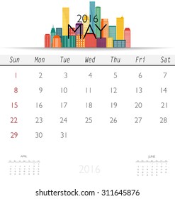 2016 calendar with Creative building design template, monthly calendar for May. Vector illustration.