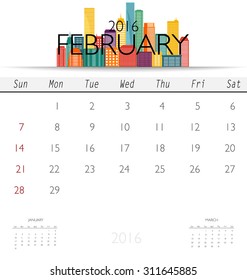 2016 calendar with Creative building design template, monthly calendar for February. Vector illustration.