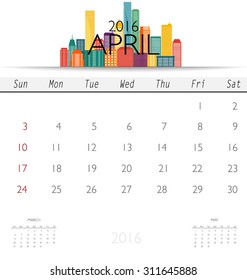 2016 calendar with Creative building design template, monthly calendar for April. Vector illustration.