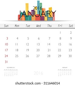 Calendario 2016 con plantilla de diseño de edificio creativo, calendario mensual para enero. Ilustración vectorial.