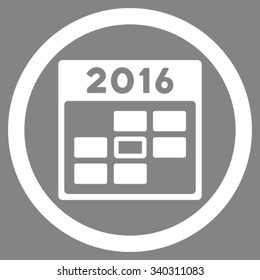 2016 Calendar Date vector icon. Style is flat circled symbol, white color, rounded angles, gray background.