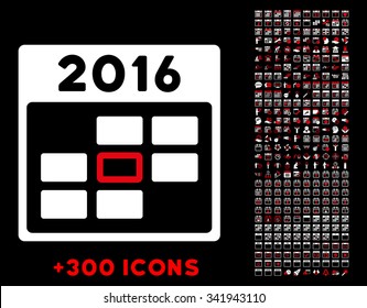 2016 Calendar Date vector pictogram with additional 300 date and time management icons. Style is bicolor flat symbols, red and white colors, rounded angles, black background.