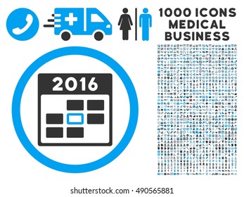 2016 Calendar Day icon with 1000 medical business gray and blue vector design elements. Design style is flat bicolor symbols, white background.
