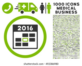 2016 Calendar Day icon with 1000 medical commerce eco green and gray vector pictograms. Set style is flat bicolor symbols, white background.