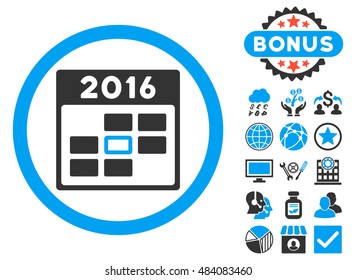 2016 Calendar Day icon with bonus pictogram. Vector illustration style is flat iconic bicolor symbols, blue and gray colors, white background.