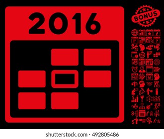 2016 Calendar Day icon with bonus calendar and time management pictograph collection. Vector illustration style is flat iconic symbols, red color, black background.