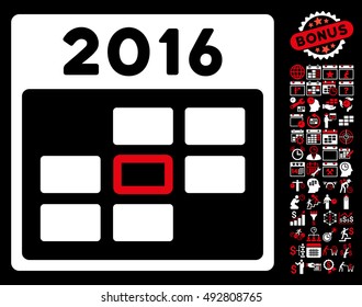 2016 Calendar Day icon with bonus calendar and time management images. Vector illustration style is flat iconic bicolor symbols, red and white colors, black background.
