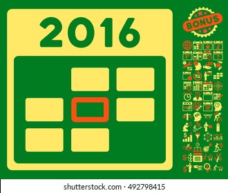 2016 Calendar Day pictograph with bonus calendar and time management pictogram. Vector illustration style is flat iconic bicolor symbols, orange and yellow colors, green background.