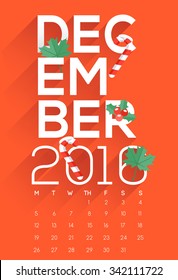 2016 Calendar : December : Typography And Decorative items : Vector Illustration