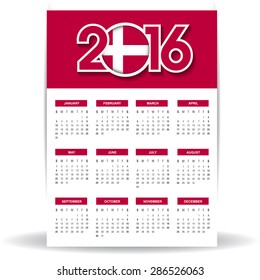 2016 Calendar - Denmark Country Flag Banner - Happy new Year calendar template - Week starts with Sunday - Vector illustration