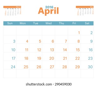 2016 calendar design for April