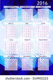 2016 calendar design. Calendar blue. Vector