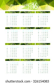 2016 calendar design. Calendar green. Vector