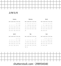 2016 calendar design in minimalistic style with grid background (January-June). Week starts with Monday