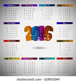 2016 calendar design. Calendar multicolored. Vector