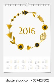 2016 calendar design template, A4 size, printable. Abstract wreath design in gold and black on white background.