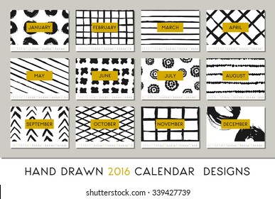 2016 calendar design template, each card is scalable to A4 size, printable. Abstract brush strokes black on white background and details in gold.