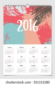 2016 calendar design template, scalable to A4 size, printable. Hand drawn abstract brush strokes composition in raspberry red, pastel blue and orange.