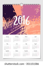 2016 calendar design template, scalable to A4 size, printable. Hand drawn abstract brush strokes composition in orange and purple.