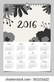 2016 calendar design template, scalable to A4 size, printable. Hand drawn monochrome floral composition.