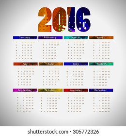 2016 calendar design. Calendar varicolored. Vector