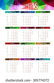 2016 calendar design. Calendar varicolored. Vector