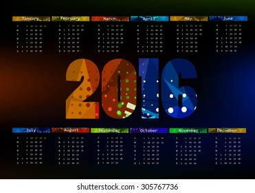 2016 calendar design. Calendar varicoloured. Vector