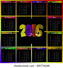 2016 calendar design. Calendar varicoloured. Vector