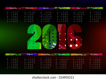 2016 calendar design. Calendar varicoloured. Vector