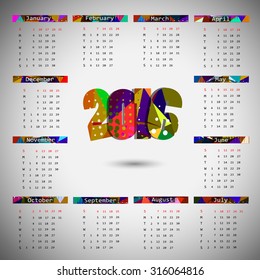 2016 calendar design. Calendar varicoloured. Vector