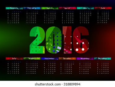 2016 calendar design. Calendar varicoloured. Vector