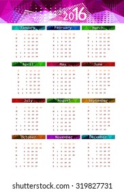 2016 calendar design. Calendar varicoloured. Vector