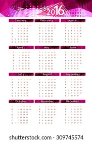 2016 calendar design. Calendar violet. Vector