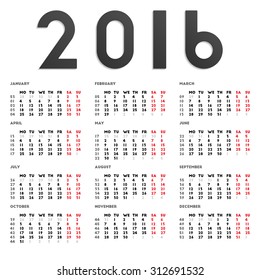 2016 calendar design. Week starts on Monday