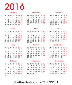 2016 calendar for each month