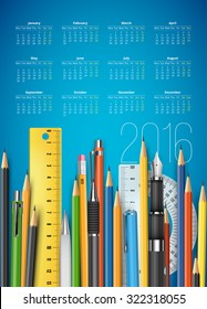 2016 calendar for education themes with pen, pencils, rule etc school stuff. Vector template . 