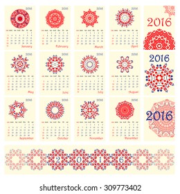 2016 Calendar with ethnic round ornament pattern in white red blue colors Vector illustration. From collection of Balto-Slavic ornaments