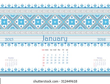 2016 Calendar with ethnic round ornament pattern in white red blue colors Vector illustration. From collection of Balto-Slavic ornaments