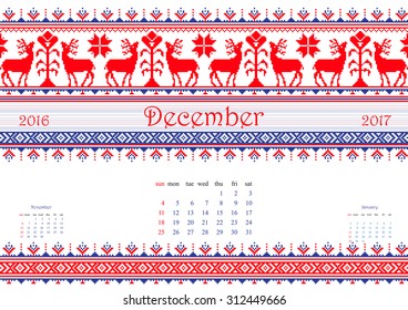 2016 Calendar with ethnic round ornament pattern in white red blue colors Vector illustration. From collection of Balto-Slavic ornaments
