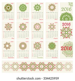 2016 Calendar with ethnic round ornament pattern in red and green colors Vector illustration. From collection of Balto-Slavic ornaments