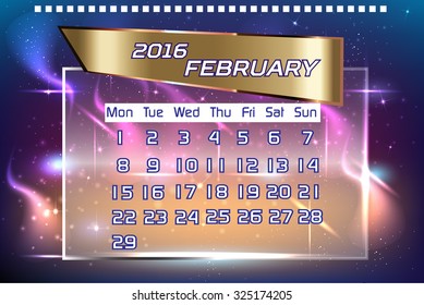 2016 calendar for february with colorful glowing background. Vector illustration.