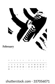 2016 Calendar February. Ready to print A3 format. The sounds of the year. Hand drawn grayscale spot illustrations. Full vector EPS 10.
