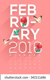 2016 Calendar : February : Typography And Decorative items : Vector Illustration