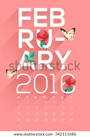 2016 Calendar : February : Typography And Decorative items : Vector Illustration