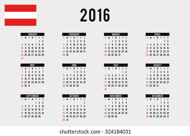 A 2016 Calendar with the Flag of Austria