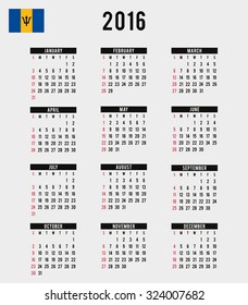 A 2016 Calendar with the Flag of Barbados