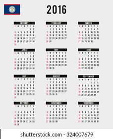 A 2016 Calendar with the Flag of Belize