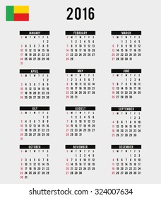 A 2016 Calendar with the Flag of Benin
